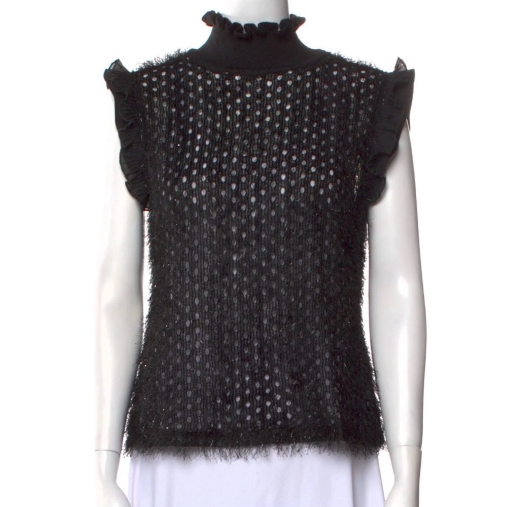 Carven Lamè Top Sz 36 Black Turtleneck Sleeveless Sheer Fringe Top